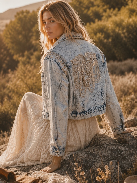 Jackets & Blazers - Cropped denim pearl beaded jean denim jacket bohemian boho western festival